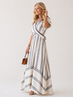 Thalassa | Vestido Midi Envoltório de Manga Curta com Decote em V