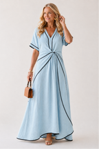 Linnea | Vestido midi de manga curta com decote em V e cintura franzida