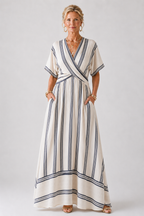Thalassa | Vestido Midi Envoltório de Manga Curta com Decote em V